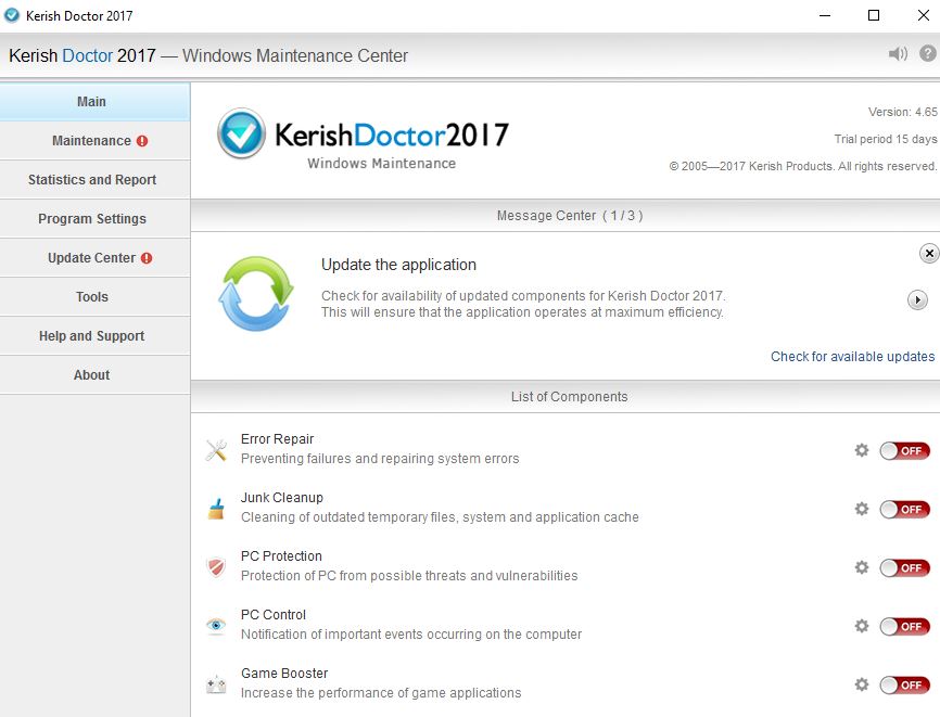 Overview of Kerish PC Doctor key features including hardware monitoring and disk cleaning